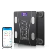 Smart App Bluetooth Body Fat Scale with tempered glass and ABS design measures weight up to 180 kg (396 lbs) and connects via Bluetooth to a health app. Tracks body metrics including BMI, body fat, visceral fat, muscle mass, bone mass, body water, protein, and BMR. Features an easy-to-read LCD display with LED backlight and compact 260 × 260 × 20 mm design for home use.