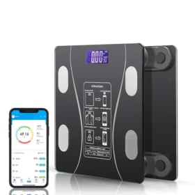 Smart App Bluetooth Body Fat Scale with tempered glass and ABS design measures weight up to 180 kg (396 lbs) and connects via Bluetooth to a health app. Tracks body metrics including BMI, body fat, visceral fat, muscle mass, bone mass, body water, protein, and BMR. Features an easy-to-read LCD display with LED backlight and compact 260 × 260 × 20 mm design for home use.
