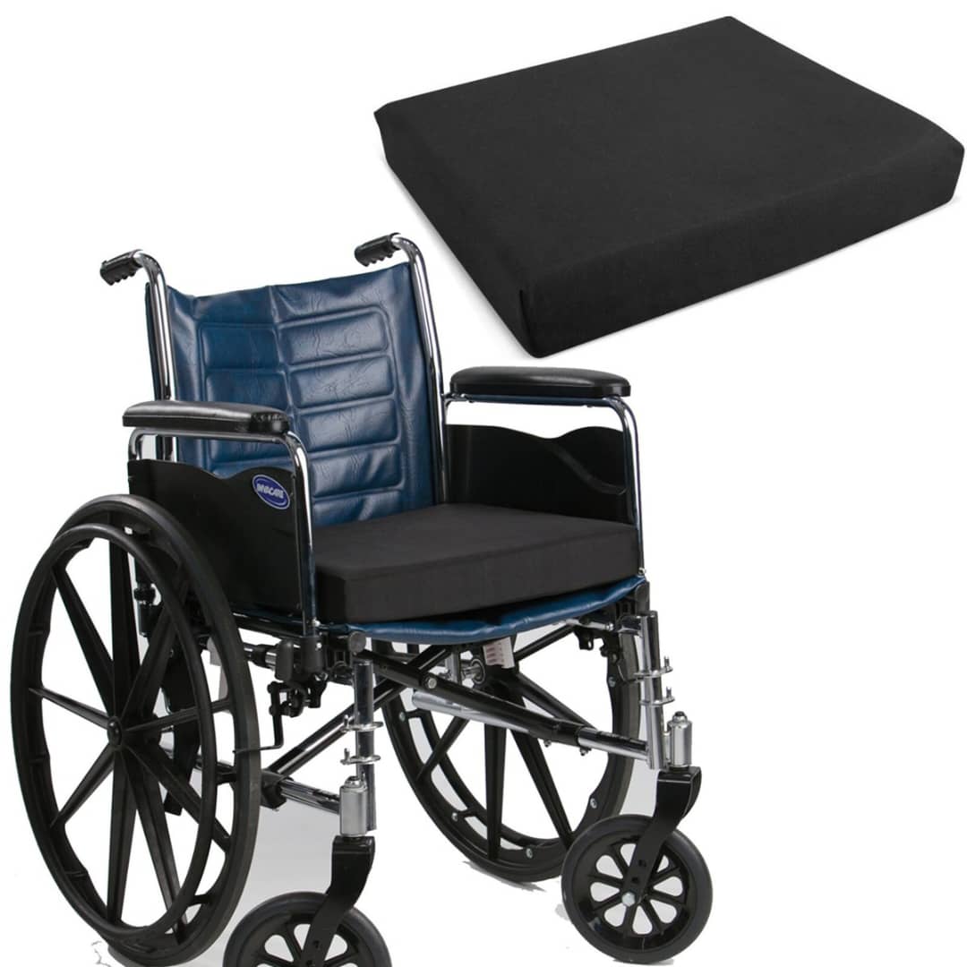 Memory foam cushion Vinyl Memory Foam Wheelchair Cushion. Key specifications typically include: Material: It is constructed with visco-elastic memory foam fused to a high-resilient foam base for support and pressure redistribution. Cover: The cushion comes with a waterproof, wipe-clean vinyl cover for hygiene and durability. Dimensions: Common dimensions include approximately 45 cm (18 inches) in width and 40 cm (16 inches) in length. Height/Depth: The height is often around 100 mm (4 inches). Features: The foam moulds to the body's shape for continuous support, and the cover has Velcro strips to secure it to the wheelchair seat.