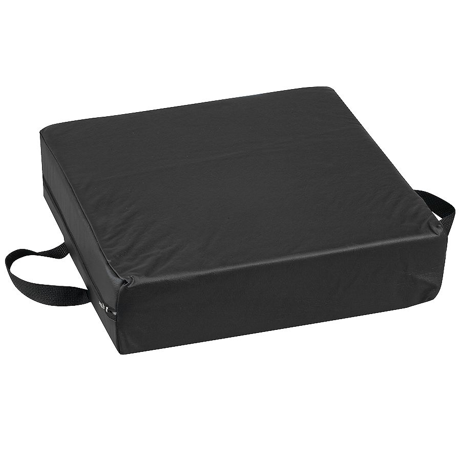 memory foam cushion Vinyl Memory Foam Wheelchair Cushion. Key specifications typically include: Material: It is constructed with visco-elastic memory foam fused to a high-resilient foam base for support and pressure redistribution. Cover: The cushion comes with a waterproof, wipe-clean vinyl cover for hygiene and durability. Dimensions: Common dimensions include approximately 45 cm (18 inches) in width and 40 cm (16 inches) in length. Height/Depth: The height is often around 100 mm (4 inches). Features: The foam moulds to the body's shape for continuous support, and the cover has Velcro strips to secure it to the wheelchair seat.