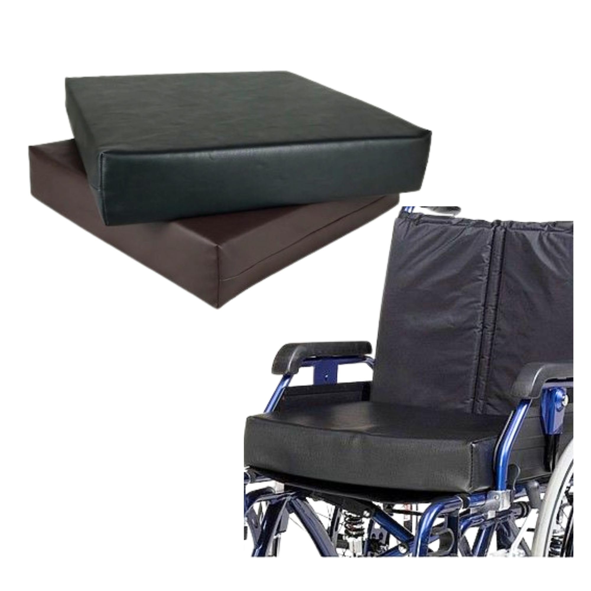 memory foam cushion Vinyl Memory Foam Wheelchair Cushion. Key specifications typically include: Material: It is constructed with visco-elastic memory foam fused to a high-resilient foam base for support and pressure redistribution. Cover: The cushion comes with a waterproof, wipe-clean vinyl cover for hygiene and durability. Dimensions: Common dimensions include approximately 45 cm (18 inches) in width and 40 cm (16 inches) in length. Height/Depth: The height is often around 100 mm (4 inches). Features: The foam moulds to the body's shape for continuous support, and the cover has Velcro strips to secure it to the wheelchair seat.