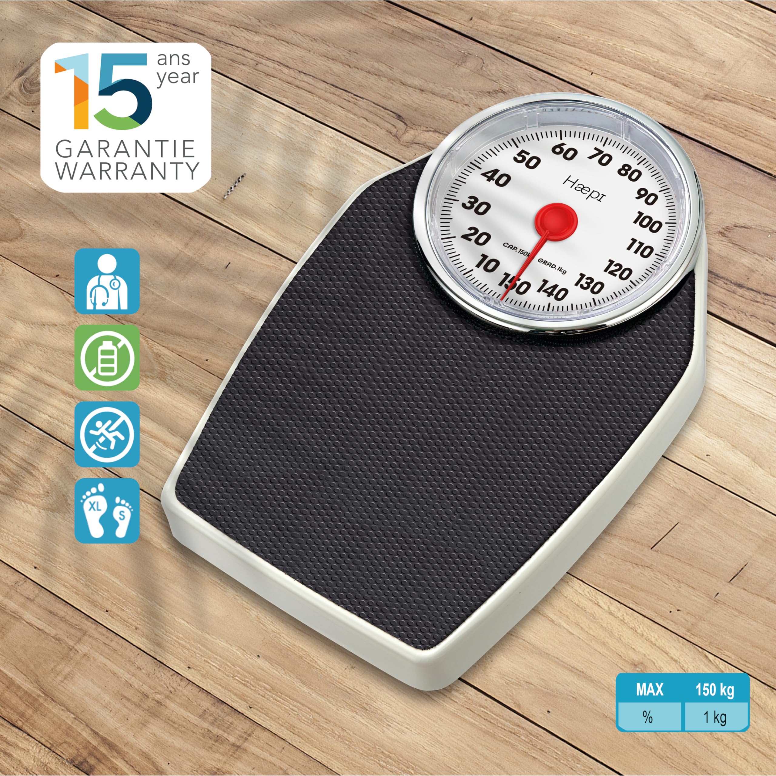 Mechanical Bathroom Scale – Analog Weight Scale with Non-Slip Platform (Up to 150 kg / 330 lbs) Mechanical bathroom scale with a 150 kg (330 lbs) capacity, large easy-to-read analog dial, and non-slip platform. Durable, battery-free design ideal for accurate daily weight measurement, health tracking, and professional use.