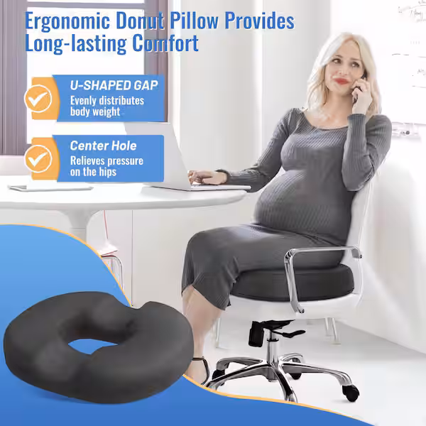 donut pillow seat cushion1 ergonomic donut seat cushion features high-density, quick-rebound memory foam and a breathable mesh cover to relieve pressure on the coccyx, lower back, and hemorrhoids. Measuring 18.3" × 14.3" × 3.5", it includes a non-slip bottom and a machine-washable cover, making it ideal for home, office, pregnancy discomfort, post-surgery recovery, and travel comfort.
