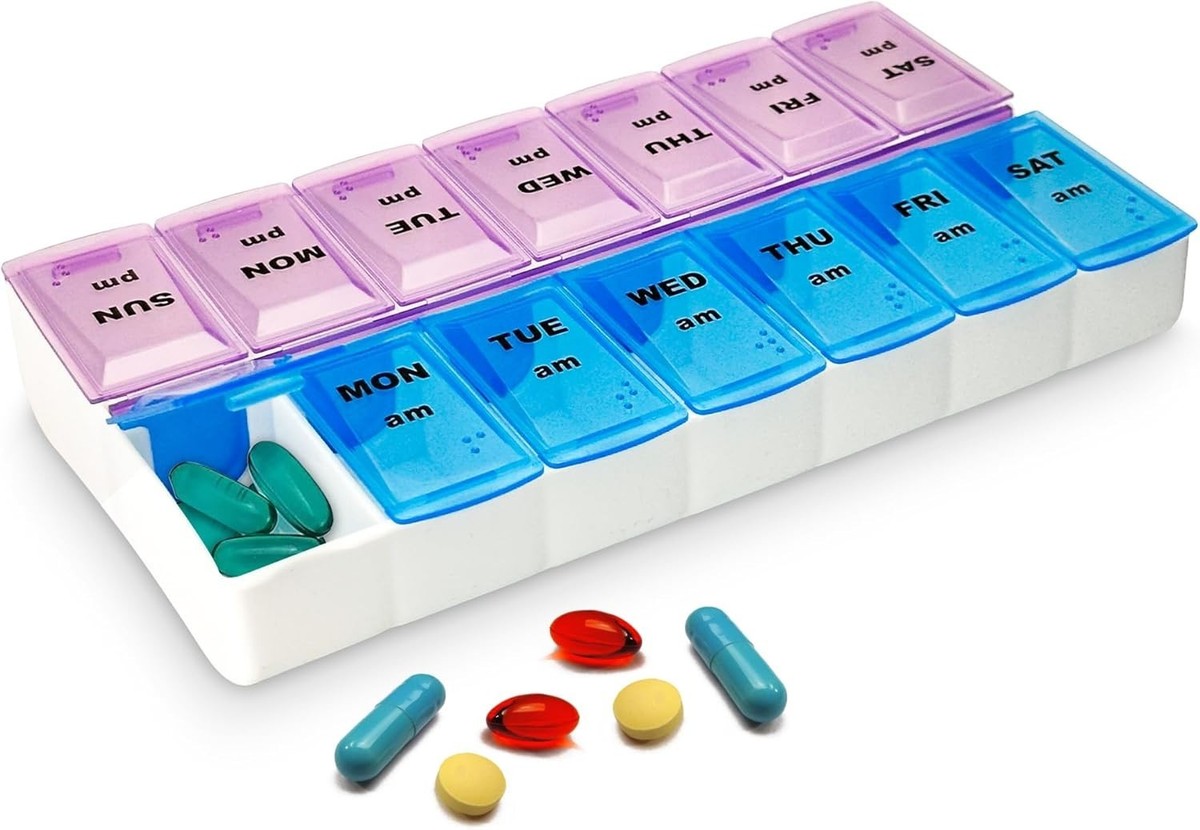 pill organizer1 Stay on top of your medication schedule with this 7-compartment round pill organizer. Designed for weekly use, it safely stores pills, vitamins, and supplements in a compact, dustproof case. Easy to carry and ideal for the elderly, travelers, or anyone managing multiple medications.