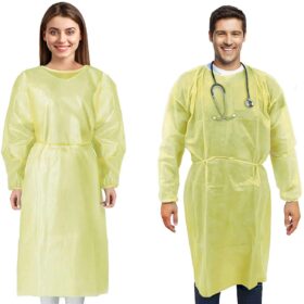 Disposable medical isolation gown designed for non-surgical healthcare settings. Made from non-woven polypropylene with fluid resistance, elastic cuffs, secure back closure, and AAMI PB70-compliant barrier protection for patient and healthcare worker safety.