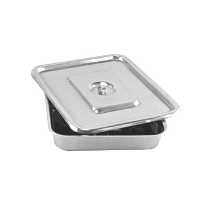 instruments tray1 Durable stainless steel instrument tray with cover, 8 × 6 inch size. Ideal for holding surgical instruments and dressings in hospitals, clinics, and laboratories.