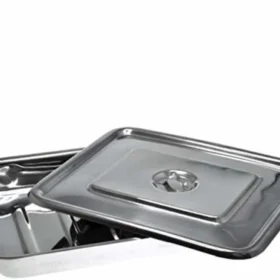 Durable stainless steel instrument tray with cover, 8 × 6 inch size. Ideal for holding surgical instruments and dressings in hospitals, clinics, and laboratories.