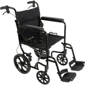 Heavy-duty bariatric transit wheelchair with 22" rear wheels for smooth caregiver-assisted mobility. Foldable, durable, and designed for comfort, safety, and easy transport