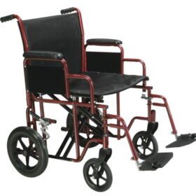 Lightweight ProBasics aluminum transport wheelchair designed for caregiver-assisted mobility. Foldable, travel-friendly, and durable with safety brakes and swing-away footrests for easy patient transfers.