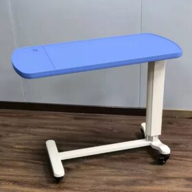Adjustable plastic overbed table with wheels, tilting top, and dark wood finish. Ideal for eating, laptop use, and patient care. Easy height and angle adjustment—no tools required.