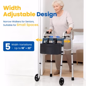 Agrish Heavy-Duty Narrow Walker | Foldable Adjustable Aluminum Walking Frame with 5-Inch Wheels (400 lbs Capacity)