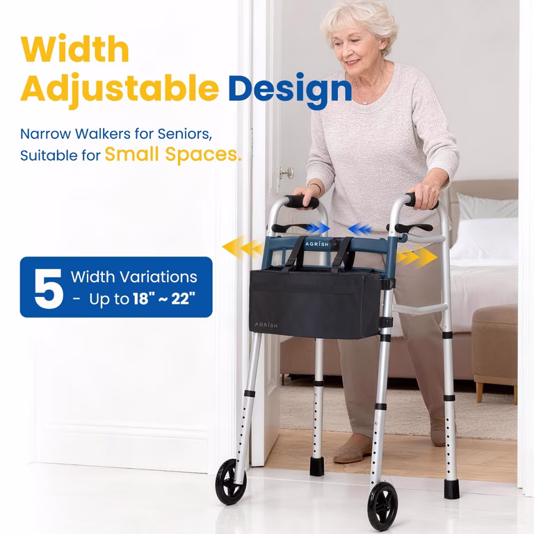 agrish aluminum walker with adjustatble width and height+bag Agrish Heavy-Duty Narrow Walker | Foldable Adjustable Aluminum Walking Frame with 5-Inch Wheels (400 lbs Capacity)