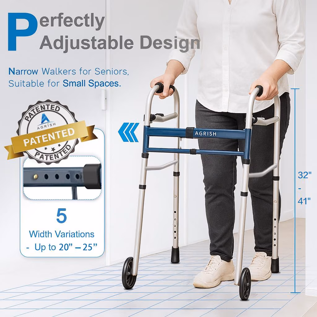 agrish aluminum walker with adjustatble width and height+bag1 Agrish Heavy-Duty Narrow Walker | Foldable Adjustable Aluminum Walking Frame with 5-Inch Wheels (400 lbs Capacity)