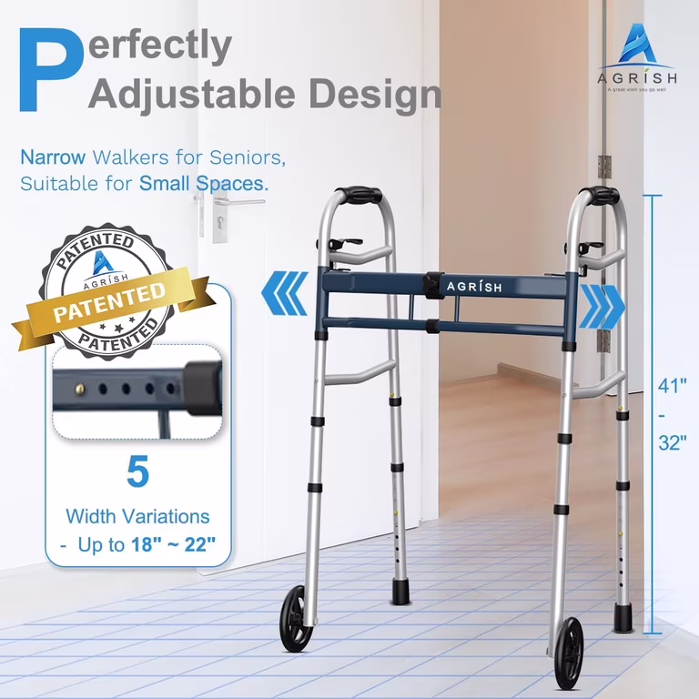 agrish aluminum walker with adjustatble width and height+bag2 Agrish Heavy-Duty Narrow Walker | Foldable Adjustable Aluminum Walking Frame with 5-Inch Wheels (400 lbs Capacity)